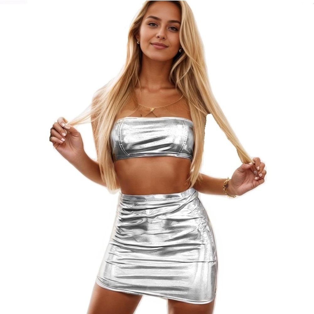 Iridescent Women's Metallic Shiny Off Shoulder Crop Top + Silver Skirt Rave